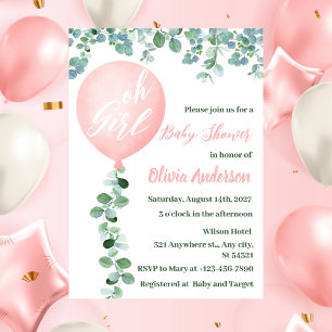 Oh Girl, modern pink Balloon Baby Shower  Invitation