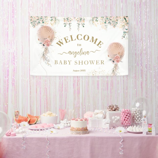 Oh Girl Pink Balloon Floral Eucalyptus Baby Shower Banner (Party)