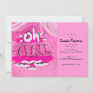 "OH GIRL"   Pink Calligraphy Baby Girl Shower Invitation
