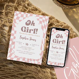Oh Girl!  Pink Chequered   Gingham   baby shower  Invitation