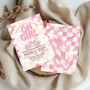 Oh Girl Race Car Pink Chequered Girl Baby Shower Invitation