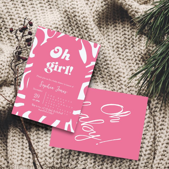 Oh Girl! Rose pink Chequered Gingham baby shower Invitation (Creator Uploaded)