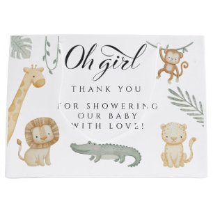 Oh Girl Safari Animals Baby Shower Jungle Greenery Large Gift Bag