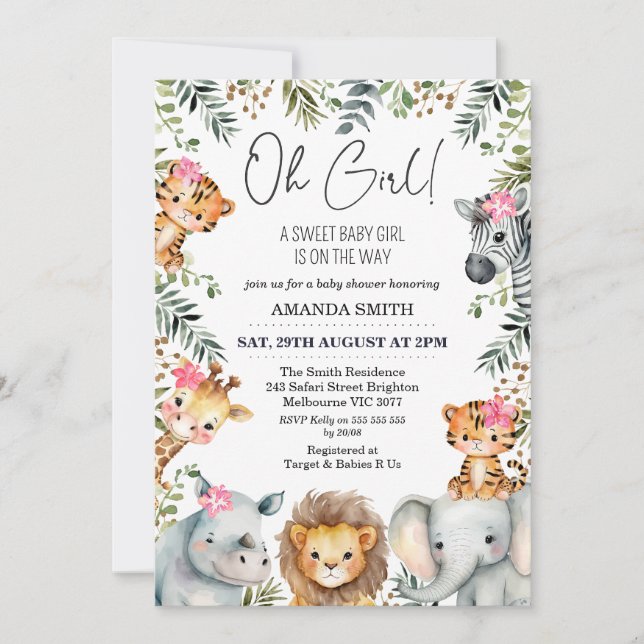 Oh Girl Safari Foliage Baby Shower Invitation (Front)