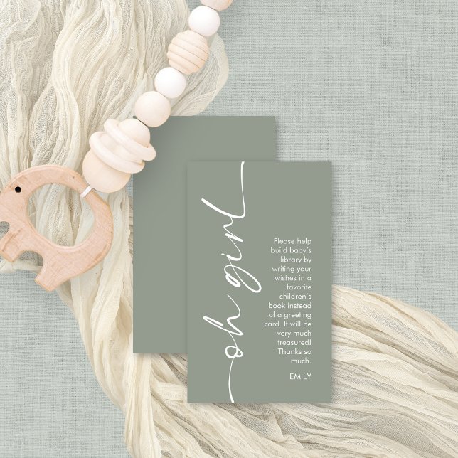 Oh Girl Sage Books for Baby Shower Enclosure Card (Small books for baby enclosure card, front and back view)