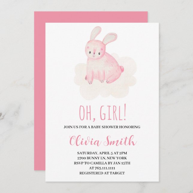 Oh Girl Sweet Bunny Watercolor Baby Shower  Invitation (Front/Back)