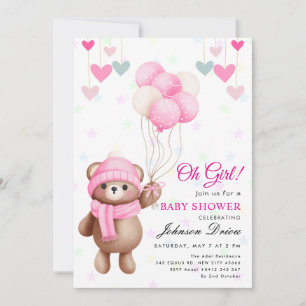 “Oh Girl!” teddy bear balloon baby shower Invitation