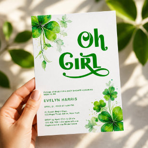 Oh Girl Watercolor Green Script Baby Shower Invitation