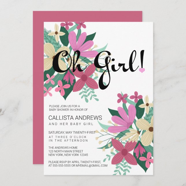 Oh Girly Pink Ivory Floral Bouquet Baby Shower Invitation (Front/Back)