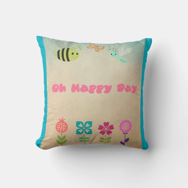 Oh Happy Day Whimsical Flowers and Cheerful Bugs Cushion (Front)