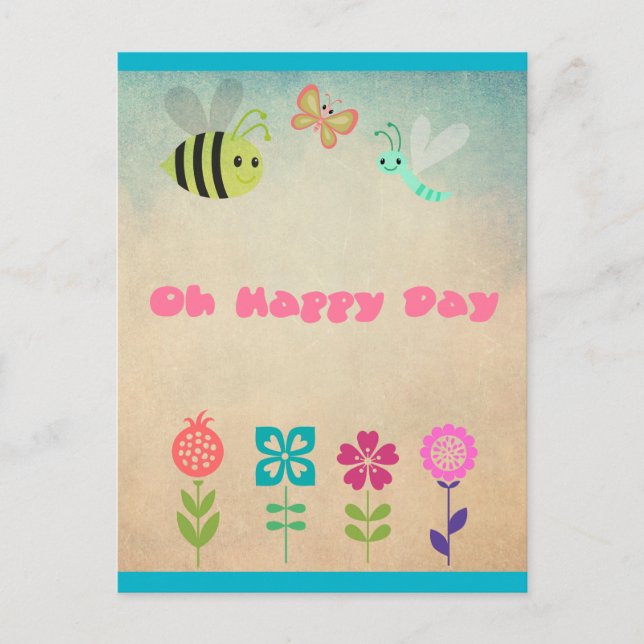 Oh Happy Day Whimsical Flowers and Cheerful Bugs Postcard (Front)