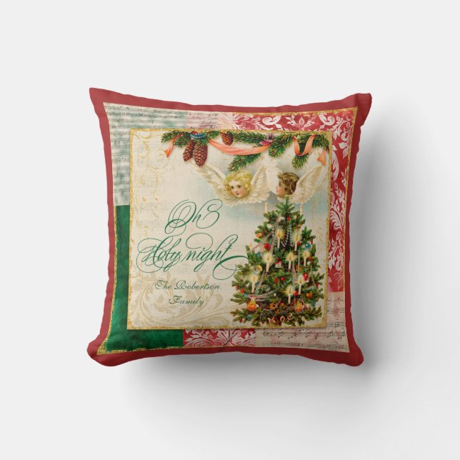 Oh Holy Night Christmas Tree Angels Family Name Cushion (Front)