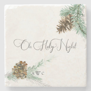 Oh Holy Night Pine Cone & Bough Christmas Monogram Stone Coaster