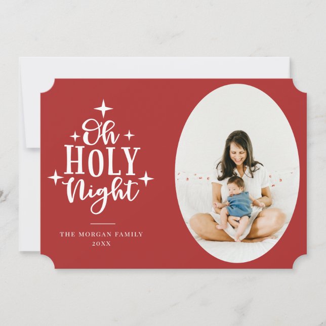Oh Holy Night Red Photo Holiday Card (Front)