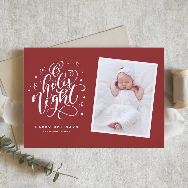 Oh Holy Night Script Red Baby Photo Christmas Holiday Card (Creator Uploaded)