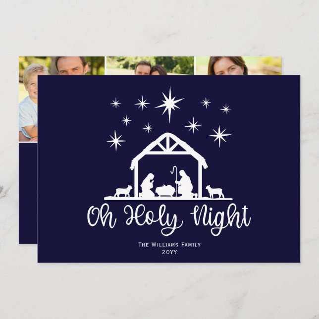Oh Holy Night Script Typography Nativity 3 Photo Holiday Card (Front/Back)