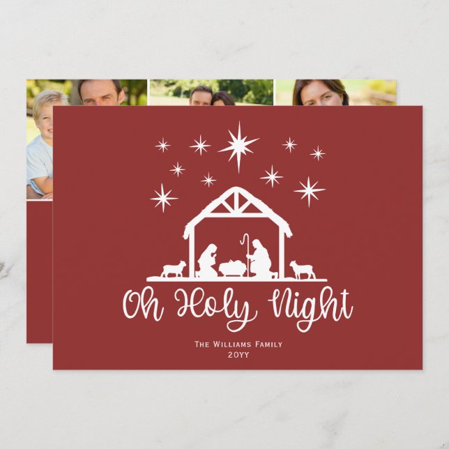 Oh Holy Night Script Typography Nativity 3 Photo Holiday Card (Front/Back)
