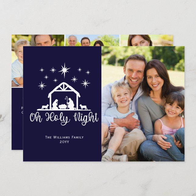 Oh Holy Night Script Typography Nativity 4 Photo Holiday Card (Front/Back)