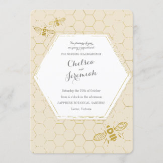 Oh Honey Bee Cream Gold Custom Wedding Invitation