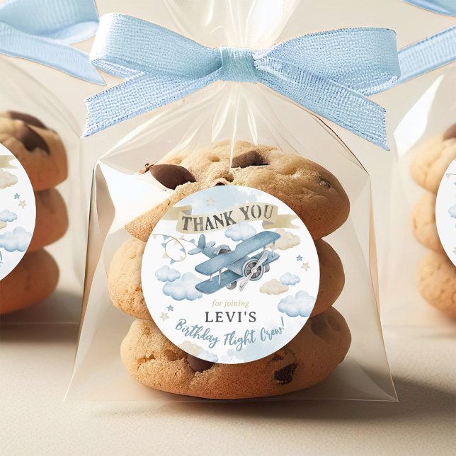 Oh How Time Flies Airplane Birthday Party Favor Classic Round Sticker (How Time Flies neutral watercolor blue plane airplane boy birthday party thank you favor sticker)