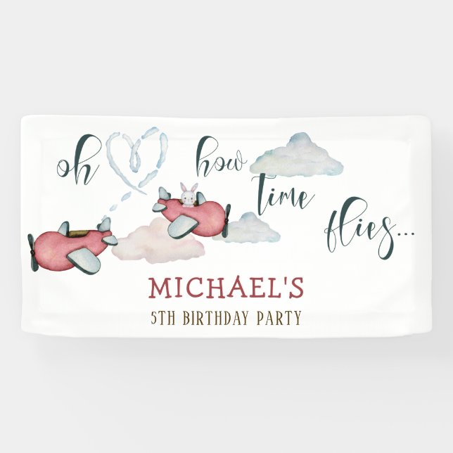 Oh how time flies retro plane boy birthday banner (Horizontal)