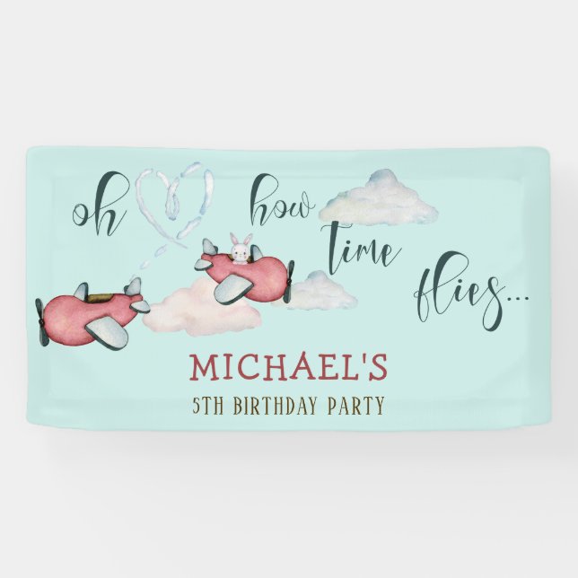 Oh how time flies retro plane boy birthday banner (Horizontal)