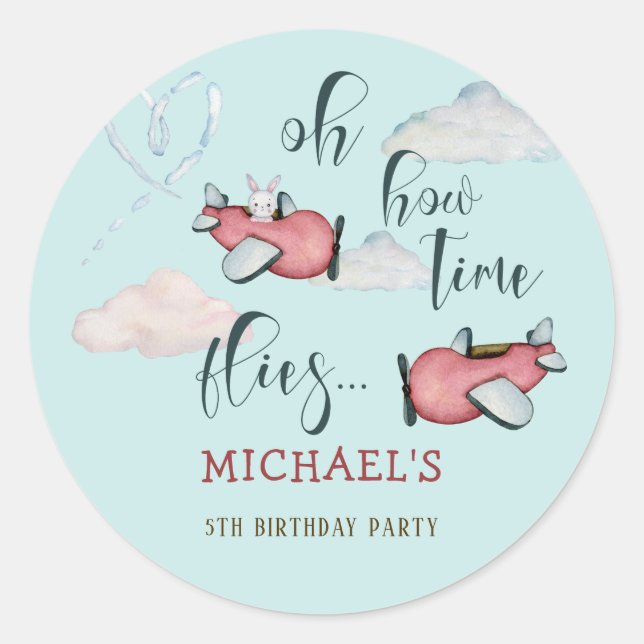 Oh how time flies retro plane boy birthday classic round sticker (Front)