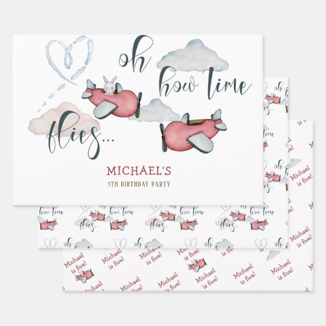 Oh how time flies retro plane boy birthday wrapping paper sheet (Set)