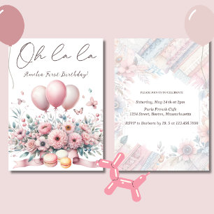 Oh la la Blush Pink Floral Baby Girl 1st Birthday Invitation