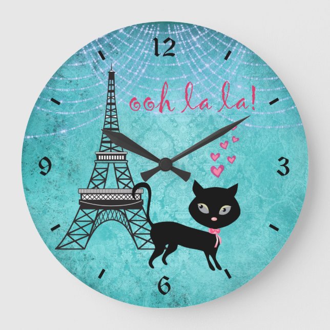 Oh La La Paris Cat With Eiffel Tower and Lights Large Clock (Front)