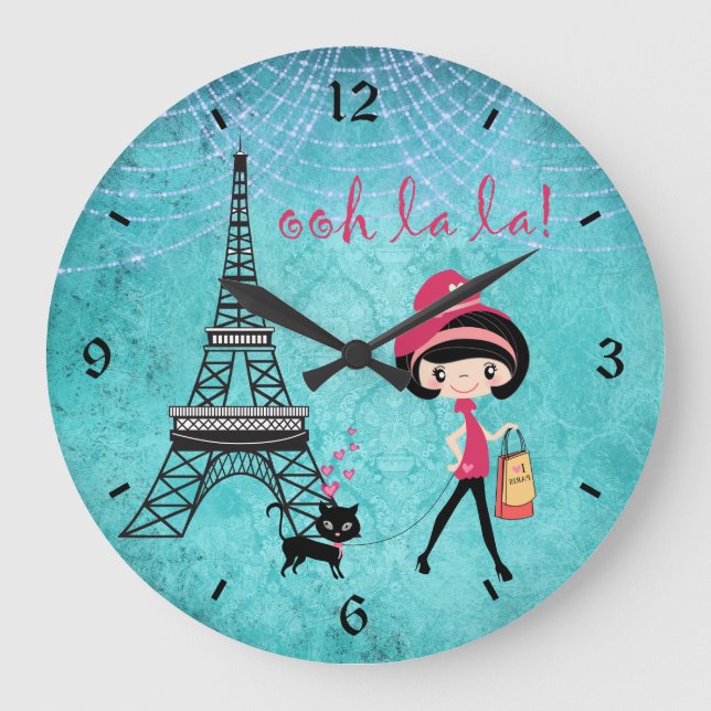 Oh La La Paris Girl and Cat With Eiffel Tower Large Clock (Front)