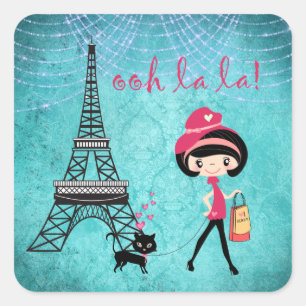 Oh La La Paris Girl and Cat With Eiffel Tower Square Sticker