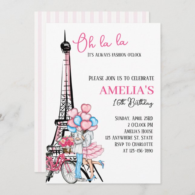 Oh la la Paris Pink Lovers Birthday Invitation (Front/Back)