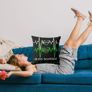 Oh My Heartbeat Cat Love White Green Black Cushion