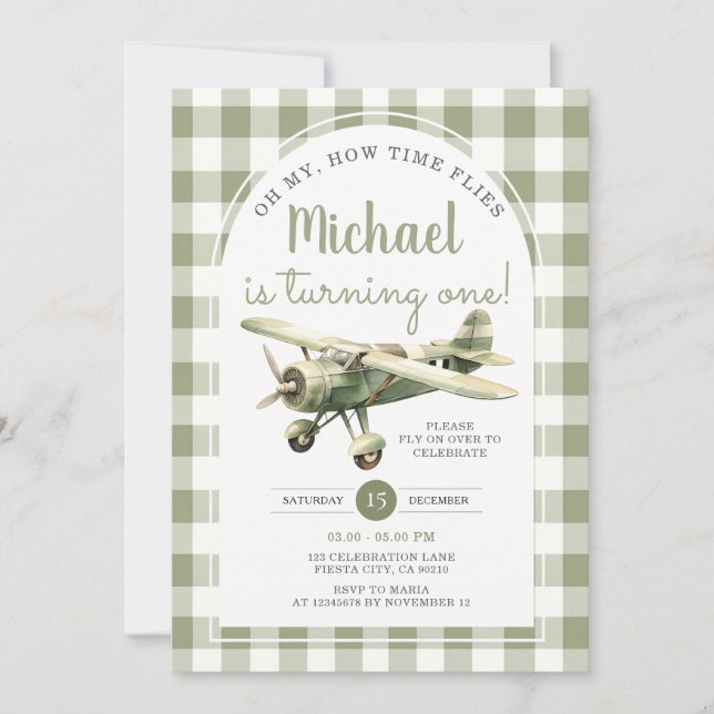 Oh My How to Flies Aeroplane Birthday Green Gingha Invitation (Front)