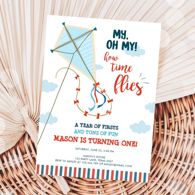 Oh My Time Flies Kite Summer Boy First Birthday Invitation (Creator Uploaded)