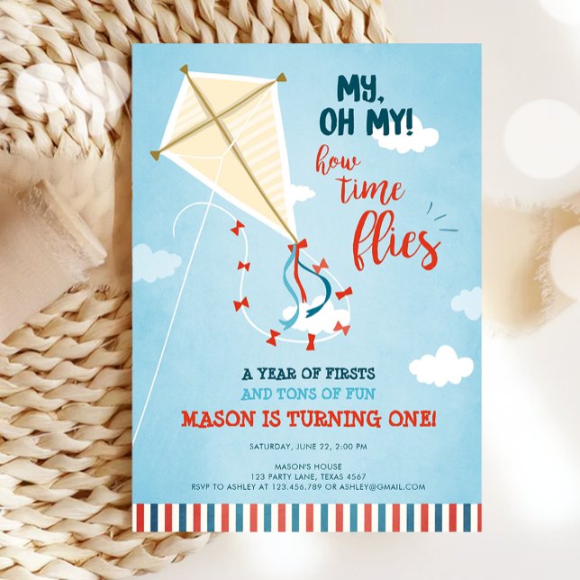 Oh My Time Flies Kite Summer Boy First Birthday Invitation (Creator Uploaded)