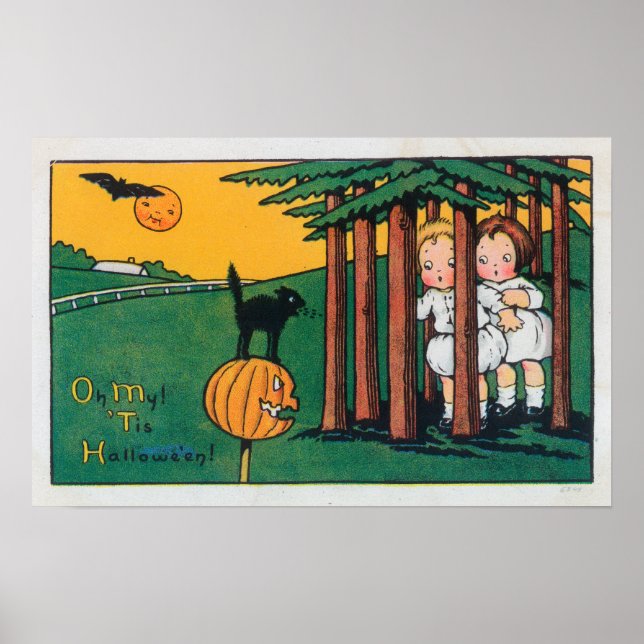 Oh My Tis Halloween Black Cat Scaring Kids Poster (Front)
