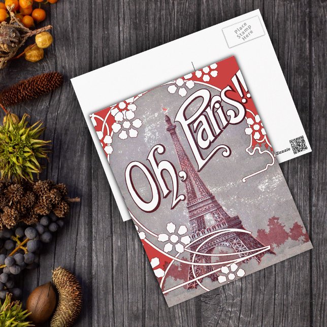 Oh Paris Eiffel Tower Postcard (Eiffel Tower Illustration white daisies Oh Paris text on grey and red postcard.)