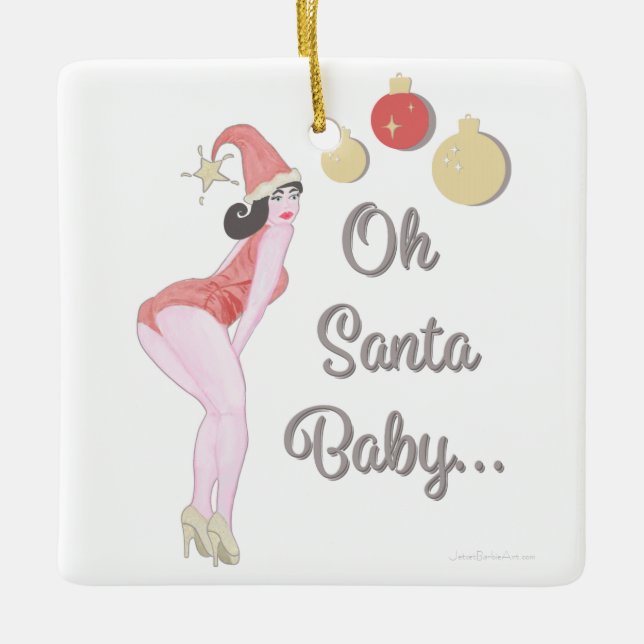 Oh Santa Baby Pinup Girl Ceramic Ornament (Front)