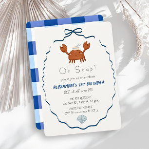 Oh Snap Crab Blue Bow Boy 1st Birthday Invitation