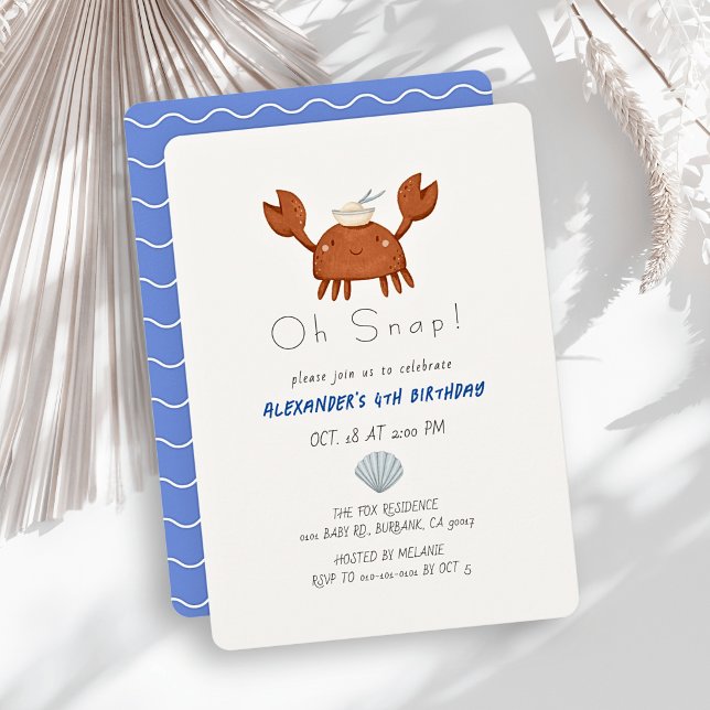 Oh Snap Crab Blue Waves Boy  Birthday Invitation (Creator Uploaded)