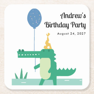 Oh Snap Cute Alligator Kids Birthday  Square Paper Coaster