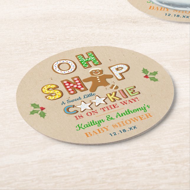 Oh Snap! Gingerbread Cookie Baby Shower Round Paper Coaster (Angled)