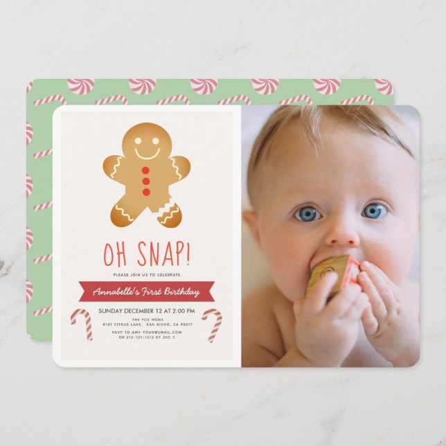 Oh Snap Gingerbread Man Kids Photo Birthday Invitation (Front/Back)