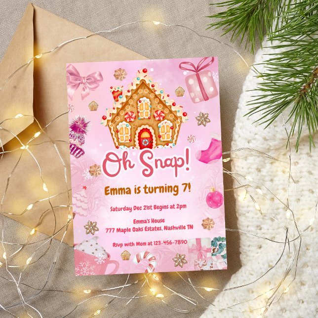 Oh Snap Pink Gingerbread House Birthday Invitation (Creator Uploaded)