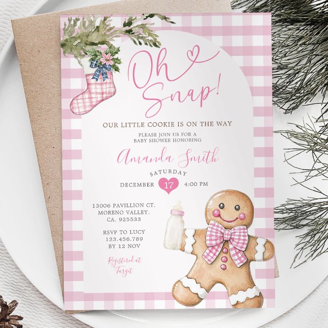 Oh Snap Pink Gingham Christmas Girl Baby Shower Invitation (Creator Uploaded)