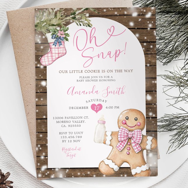 Oh Snap Pink Gingham Christmas Woods Baby Shower Invitation (Creator Uploaded)