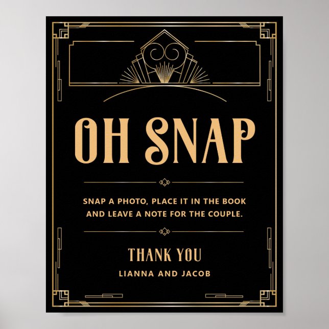 Oh Snap Vintage Art Deco 20s Black Gold Wedding Poster (Front)
