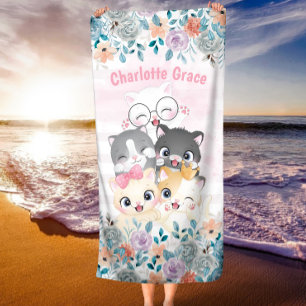 Oh So Girly Cute Happy Kitten Friends Floral Name Beach Towel